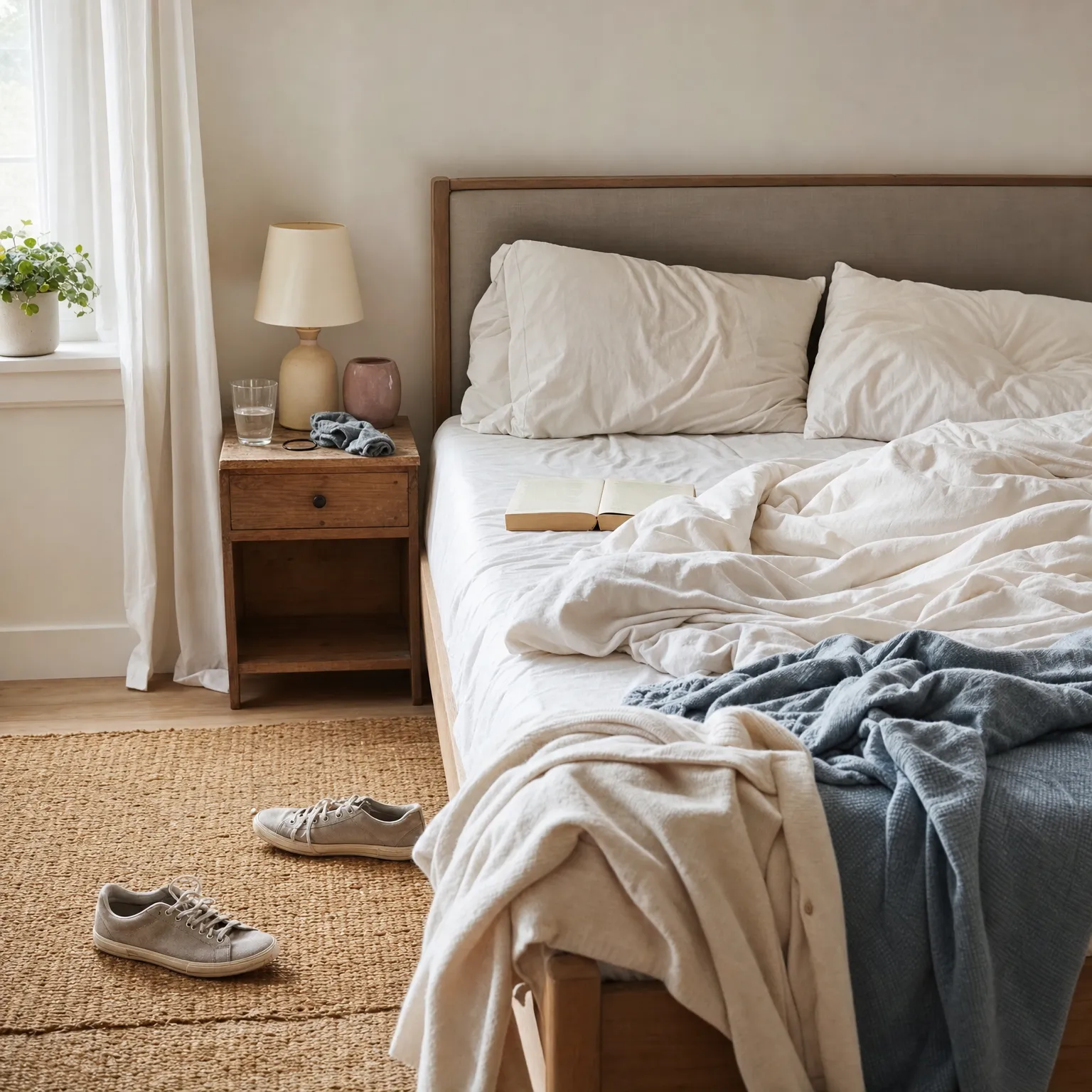 Morning light on an unmade bed after the kind of broken, replaying night that high functioning anxiety tends to produce